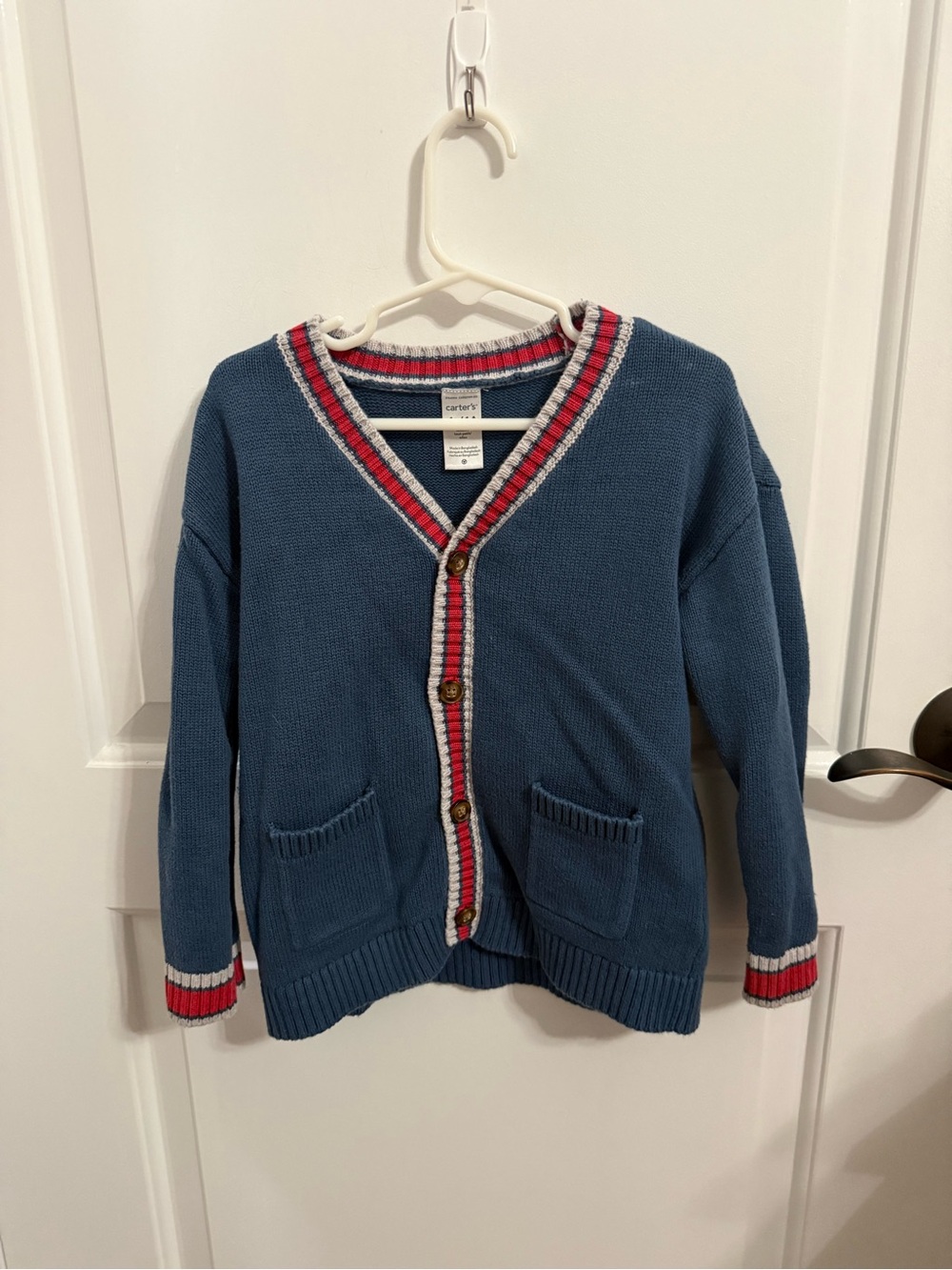 Carter's Blue Knit Cardigan with Red and White Trim